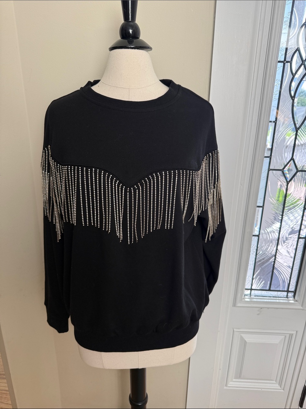 Black Rhinestone Fringe Crewneck Sweater - Women
